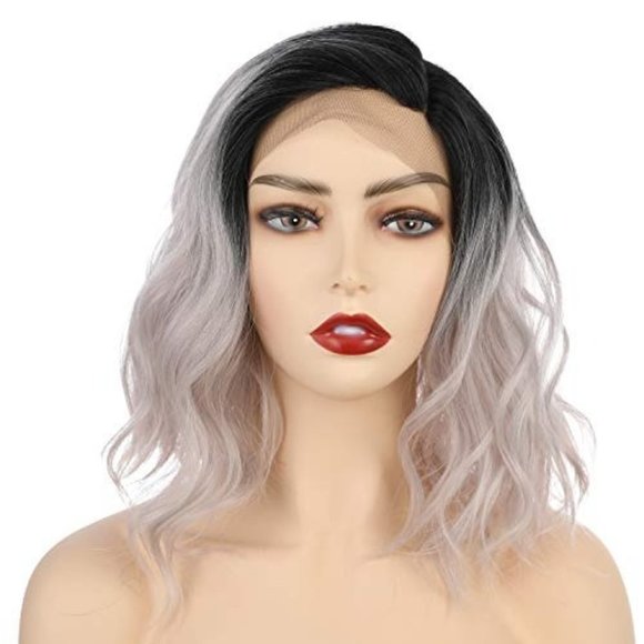 Short Bob Wavy Side Part Lace Front Wig Black Root Ombre Silver Grey-1BTTGERY